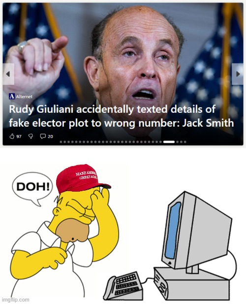 "Schadenfreude polka" *OR* "Whoopsi-crazy" *OR* "How do I love thee? Let me count the boomerang knots." *OR* "Denialism v. Reali | image tagged in whoops,lol,rudy giuliani,totally busted,prison bars,trump for prison | made w/ Imgflip meme maker