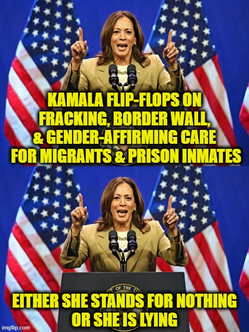 Unburdened by what she said before | KAMALA FLIP-FLOPS ON
FRACKING, BORDER WALL,
& GENDER-AFFIRMING CARE
 FOR MIGRANTS & PRISON INMATES; EITHER SHE STANDS FOR NOTHING
OR SHE IS LYING | image tagged in kamala harris | made w/ Imgflip meme maker