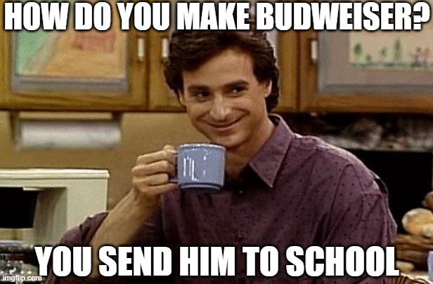 Budweiser | HOW DO YOU MAKE BUDWEISER? YOU SEND HIM TO SCHOOL | image tagged in dad joke,memes,dad jokes,dad joke meme | made w/ Imgflip meme maker