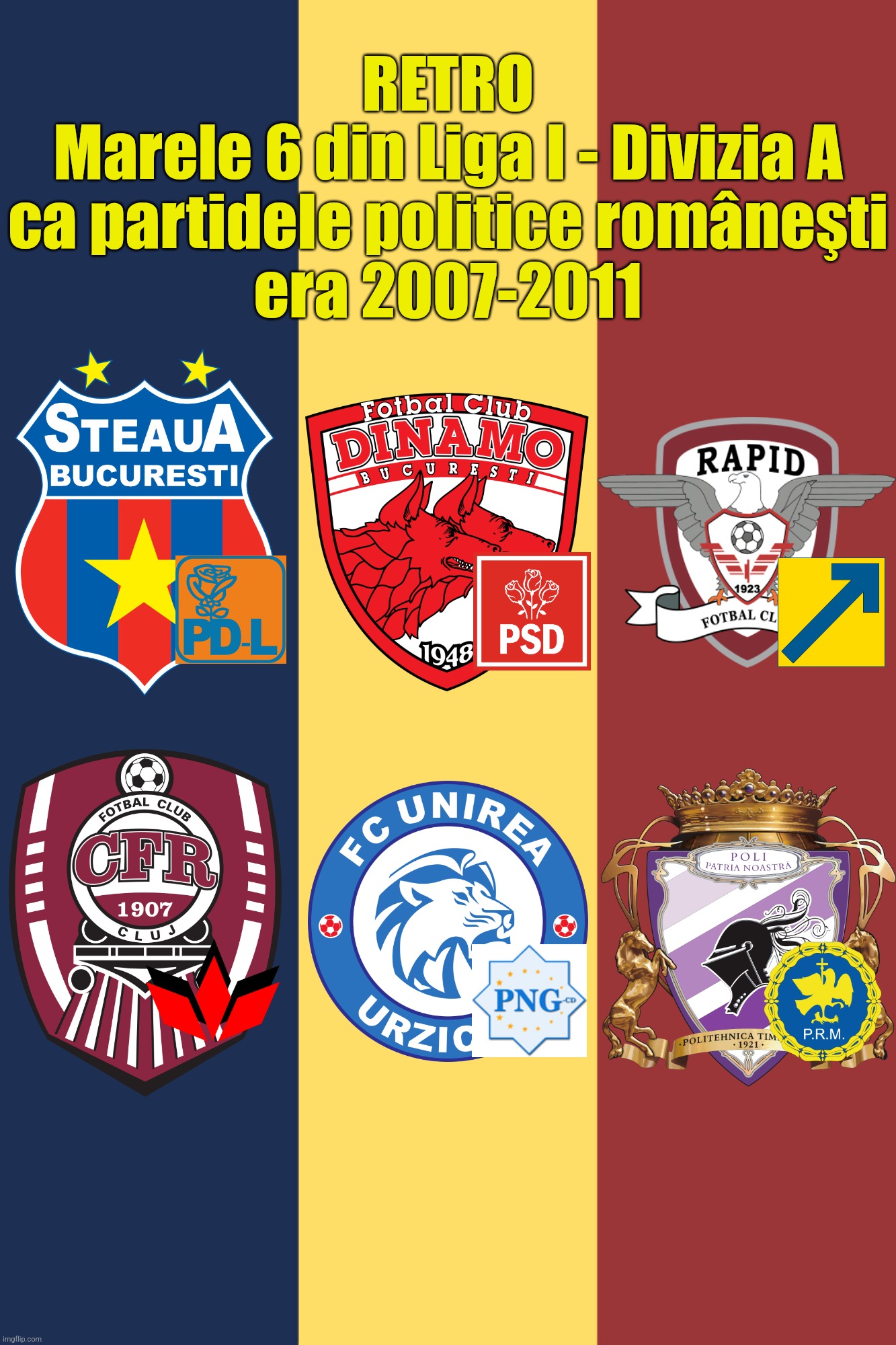 RETRO: 6 echipe românești din Liga I ca partidele politice din era '07-'11 | RETRO
Marele 6 din Liga I - Divizia A
ca partidele politice româneşti
era 2007-2011 | image tagged in steaua,dinamo,rapid,psd,pnl,cfr cluj | made w/ Imgflip meme maker