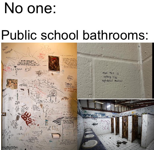 . | No one:; Public school bathrooms: | image tagged in funny,school,bathroom,graffiti | made w/ Imgflip meme maker