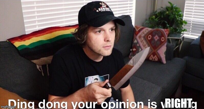 Ding Dong Your Opinion Is Wrong (Yub) | RIGHT | image tagged in ding dong your opinion is wrong yub | made w/ Imgflip meme maker