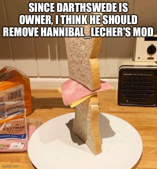 Standwich | SINCE DARTHSWEDE IS OWNER, I THINK HE SHOULD REMOVE HANNIBAL_LECHER'S MOD | image tagged in standwich | made w/ Imgflip meme maker