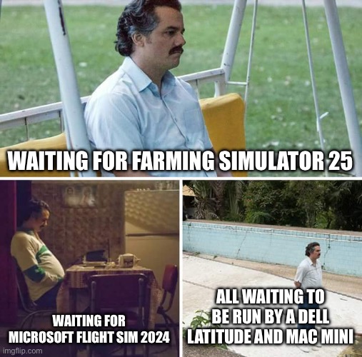 My gaming life rn | WAITING FOR FARMING SIMULATOR 25; WAITING FOR MICROSOFT FLIGHT SIM 2024; ALL WAITING TO BE RUN BY A DELL LATITUDE AND MAC MINI | image tagged in memes,sad pablo escobar | made w/ Imgflip meme maker