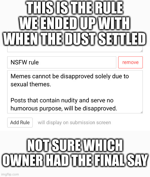 THIS IS THE RULE WE ENDED UP WITH WHEN THE DUST SETTLED; NOT SURE WHICH OWNER HAD THE FINAL SAY | made w/ Imgflip meme maker