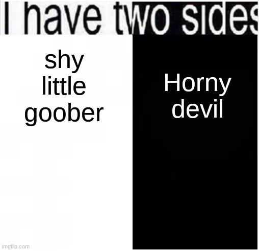 im not shy today~ | Horny devil; shy little goober | image tagged in i have two sides | made w/ Imgflip meme maker