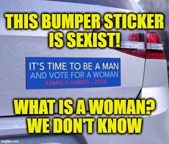 More Leftist Logic | THIS BUMPER STICKER
IS SEXIST! WHAT IS A WOMAN?
WE DON'T KNOW | image tagged in kamala harris | made w/ Imgflip meme maker