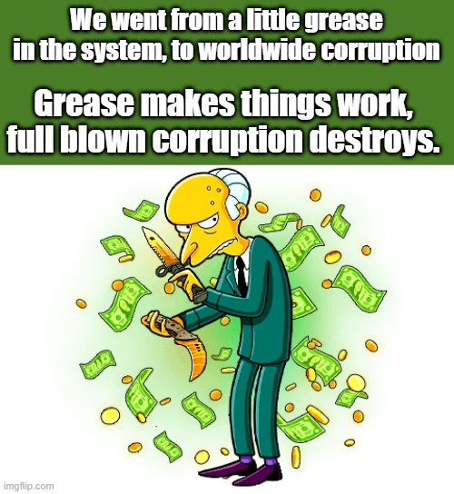 And that's why TRUMP was a great pres. He understands the mob. People must stop pretending that GOV. is honest..Its just reality | We went from a little grease in the system, to worldwide corruption; Grease makes things work, full blown corruption destroys. | made w/ Imgflip meme maker