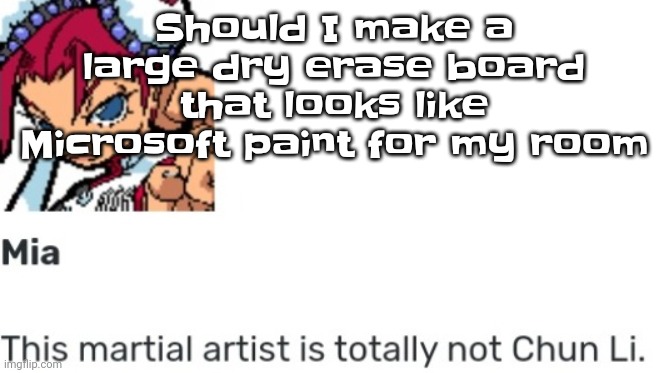 I really wanna | Should I make a large dry erase board that looks like Microsoft paint for my room | image tagged in british chun li | made w/ Imgflip meme maker
