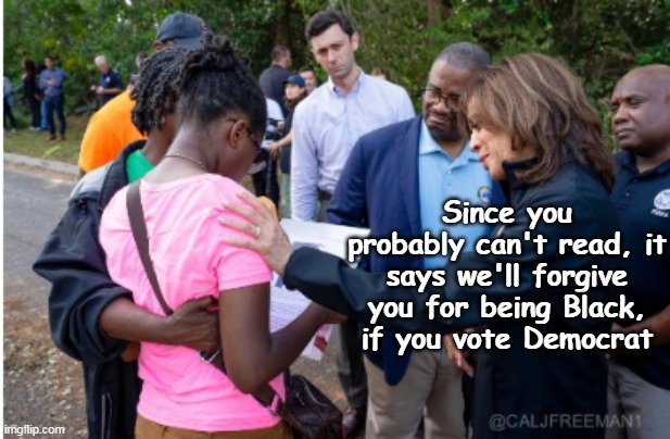 She needs Black Males or Black Mail ? | Since you probably can't read, it says we'll forgive you for being Black, if you vote Democrat | image tagged in kamala black vote meme | made w/ Imgflip meme maker