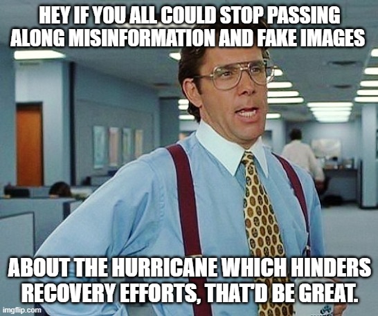 That'd Be Great | HEY IF YOU ALL COULD STOP PASSING ALONG MISINFORMATION AND FAKE IMAGES; ABOUT THE HURRICANE WHICH HINDERS RECOVERY EFFORTS, THAT'D BE GREAT. | image tagged in that'd be great | made w/ Imgflip meme maker