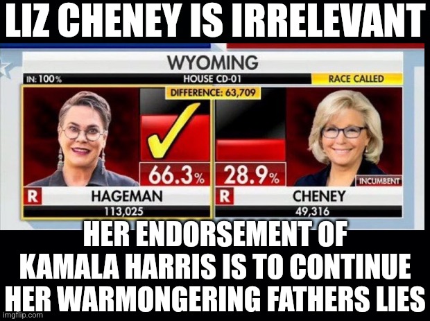 Liz Cheney is irrelevant | LIZ CHENEY IS IRRELEVANT; HER ENDORSEMENT OF KAMALA HARRIS IS TO CONTINUE HER WARMONGERING FATHERS LIES | image tagged in kamala harris,dick cheney,donald trump,wyoming,republican,no one cares | made w/ Imgflip meme maker