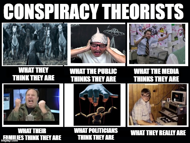 Conspiracy Theorists | CONSPIRACY THEORISTS; WHAT THEY THINK THEY ARE; WHAT THE PUBLIC THINKS THEY ARE; WHAT THE MEDIA THINKS THEY ARE; WHAT THEY REALLY ARE; WHAT THEIR FAMILIES THINK THEY ARE; WHAT POLITICIANS THINK THEY ARE | image tagged in what my friends think i do | made w/ Imgflip meme maker