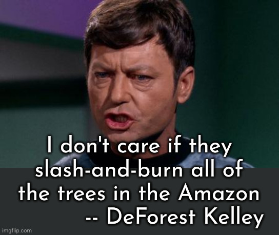 By name, by nature | I don't care if they
slash-and-burn all of
the trees in the Amazon
          -- DeForest Kelley | image tagged in dammit jim,deforest,amazon | made w/ Imgflip meme maker