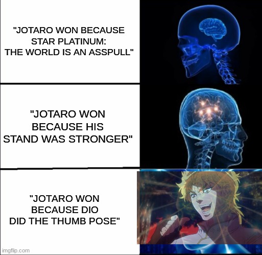 IYKYK | "JOTARO WON BECAUSE STAR PLATINUM: THE WORLD IS AN ASSPULL"; "JOTARO WON BECAUSE HIS STAND WAS STRONGER"; "JOTARO WON BECAUSE DIO DID THE THUMB POSE" | image tagged in galaxy brain 3 brains | made w/ Imgflip meme maker