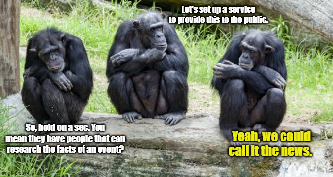 Monkey discussion | Let's set up a service to provide this to the public. So, hold on a sec. You mean they have people that can research the facts of an event? Yeah, we could call it the news. | made w/ Imgflip meme maker