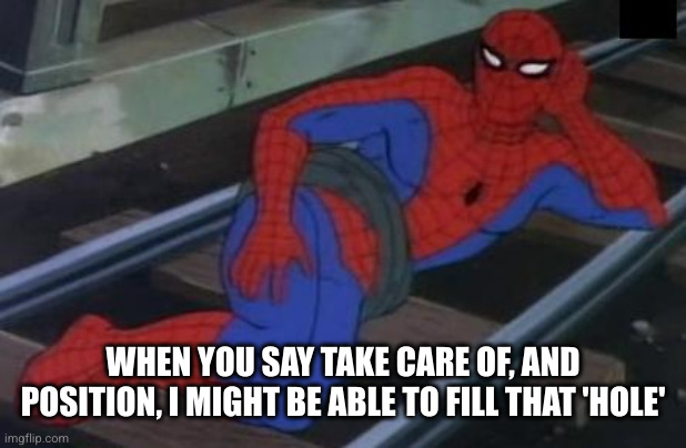 Sexy Railroad Spiderman Meme | WHEN YOU SAY TAKE CARE OF, AND POSITION, I MIGHT BE ABLE TO FILL THAT 'HOLE' | image tagged in memes,sexy railroad spiderman,spiderman | made w/ Imgflip meme maker