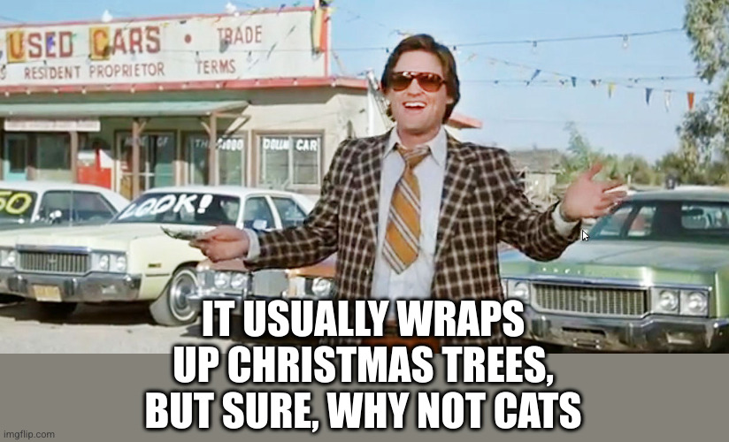 used car salesman | IT USUALLY WRAPS UP CHRISTMAS TREES, BUT SURE, WHY NOT CATS | image tagged in used car salesman | made w/ Imgflip meme maker