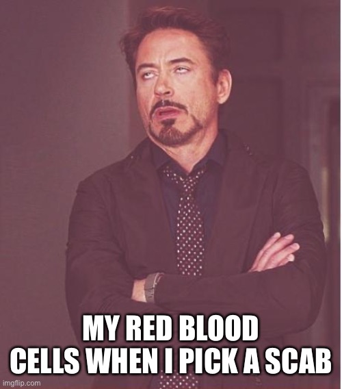 Face You Make Robert Downey Jr | MY RED BLOOD CELLS WHEN I PICK A SCAB | image tagged in memes,face you make robert downey jr | made w/ Imgflip meme maker