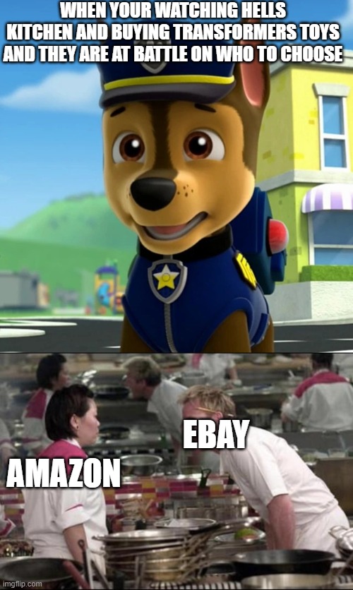 amazon vs ebay for transformers toys | WHEN YOUR WATCHING HELLS KITCHEN AND BUYING TRANSFORMERS TOYS AND THEY ARE AT BATTLE ON WHO TO CHOOSE; EBAY; AMAZON | image tagged in paw patrol chase shocked/scared,memes,angry chef gordon ramsay,paw patrol,ebay | made w/ Imgflip meme maker