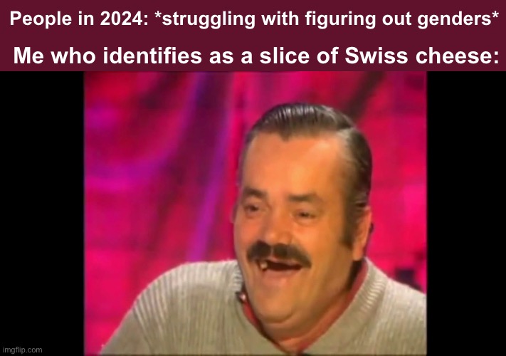 This is not meant to offend anyone, just a joke | People in 2024: *struggling with figuring out genders*; Me who identifies as a slice of Swiss cheese: | image tagged in spanish laughing guy risitas,memes,2024 | made w/ Imgflip meme maker