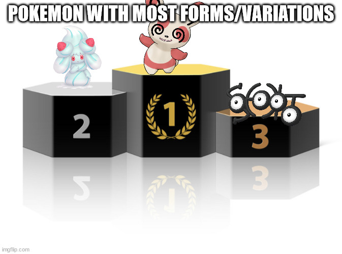 Podium | POKEMON WITH MOST FORMS/VARIATIONS | image tagged in podium | made w/ Imgflip meme maker