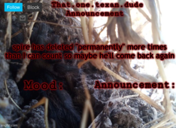 THE that.one.texan.dude announcement template | spire has deleted "permanently" more times than I can count so maybe he'll come back again | image tagged in the that one texan dude announcement template | made w/ Imgflip meme maker