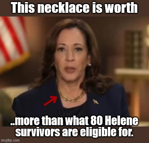 In Case you need more proof of 'America Last' (or never). | This necklace is worth; ..more than what 80 Helene survivors are eligible for. | made w/ Imgflip meme maker