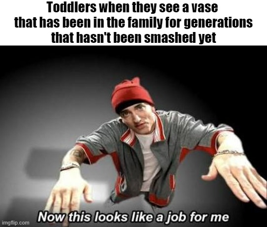 family heirloom | Toddlers when they see a vase 
that has been in the family for generations
that hasn't been smashed yet | image tagged in now this looks like a job for me,memes,funny,toddler,toddlers,very funny | made w/ Imgflip meme maker