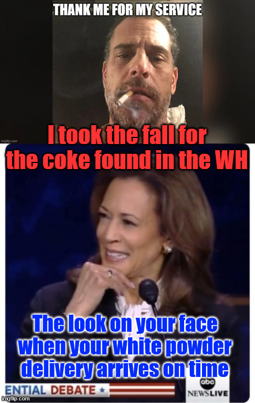 Remember the coke found in the Biden WH?  It wasn't Hunters... it was Kamalas... | I took the fall for the coke found in the WH; The look on your face when your white powder delivery arrives on time | image tagged in coke in white house,from kamala,she uses it to focus,dems going to put a junkie in the wh | made w/ Imgflip meme maker