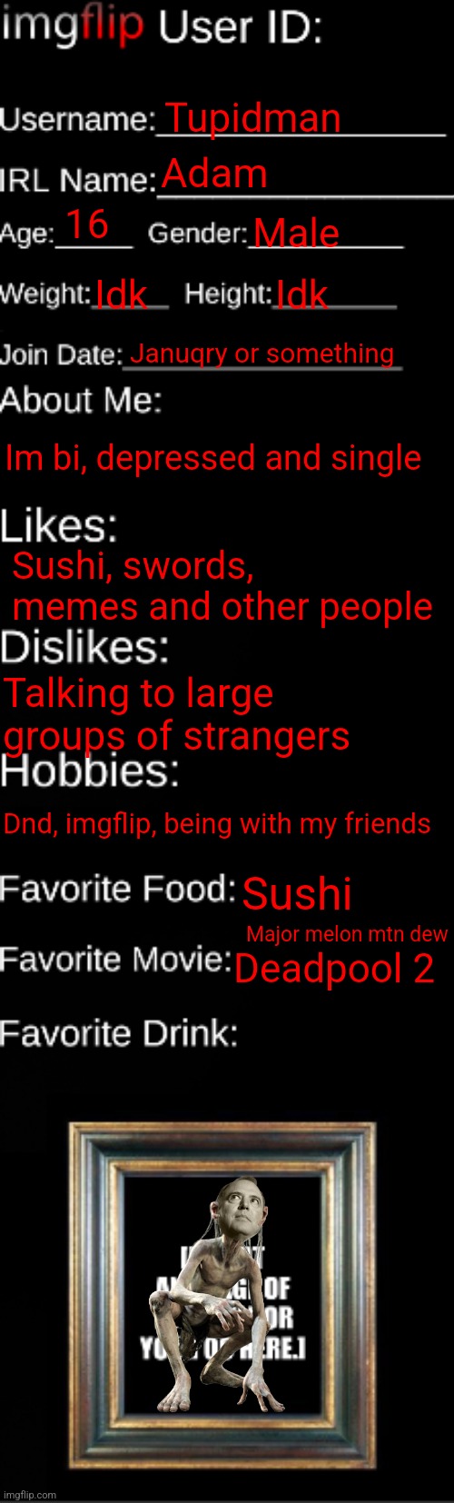 Haha i made another one | Tupidman; Adam; 16; Male; Idk; Idk; Januqry or something; Im bi, depressed and single; Sushi, swords, memes and other people; Talking to large groups of strangers; Dnd, imgflip, being with my friends; Sushi; Major melon mtn dew; Deadpool 2 | image tagged in imgflip id card | made w/ Imgflip meme maker