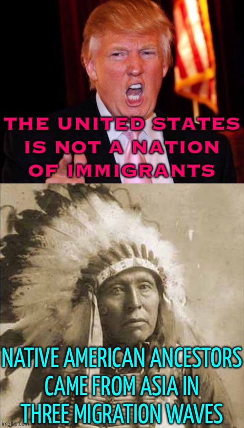 Native American Ancestors Came From Asia In Three Migration Waves | THE UNITED STATES
IS NOT A NATION
OF IMMIGRANTS; NATIVE AMERICAN ANCESTORS
CAME FROM ASIA IN
THREE MIGRATION WAVES | image tagged in donald trump and native american,donald trump is an idiot,scumbag america,trump is an asshole,donald trump,us government | made w/ Imgflip meme maker