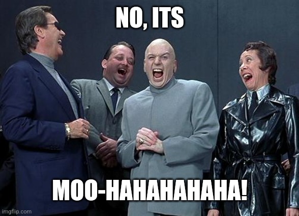 dr evil laugh | NO, ITS MOO-HAHAHAHAHA! | image tagged in dr evil laugh | made w/ Imgflip meme maker