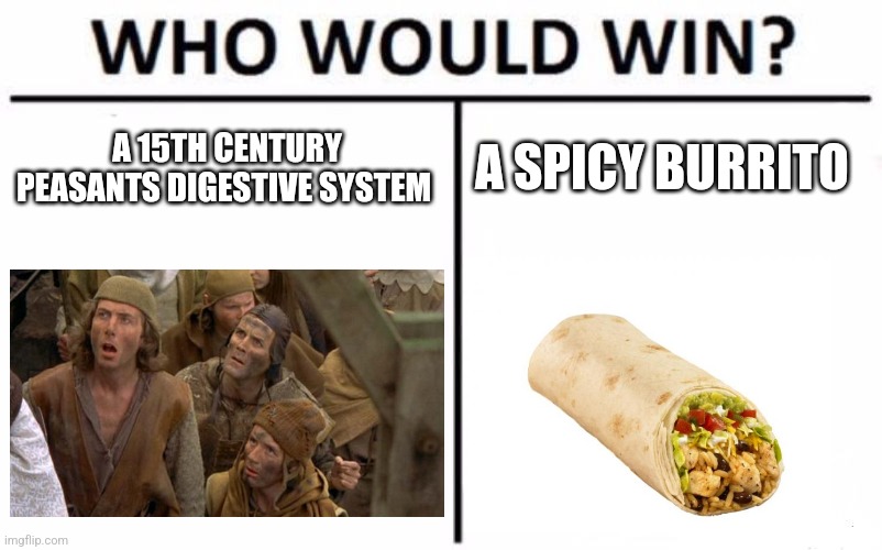 Who Would Win? Meme | A 15TH CENTURY PEASANTS DIGESTIVE SYSTEM; A SPICY BURRITO | image tagged in memes,who would win | made w/ Imgflip meme maker