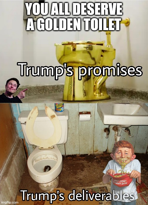 Toilet Trump | YOU ALL DESERVE A GOLDEN TOILET | image tagged in donald trump,elon musk,billionaires,working class | made w/ Imgflip meme maker