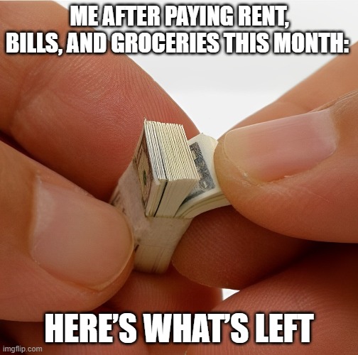 that moment! | ME AFTER PAYING RENT, BILLS, AND GROCERIES THIS MONTH:; HERE’S WHAT’S LEFT | image tagged in memes | made w/ Imgflip meme maker