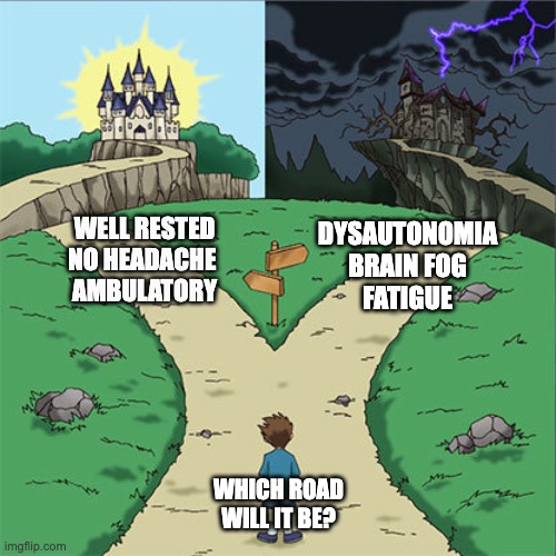 Long-COVID Daily Struggle | WELL RESTED
NO HEADACHE 
AMBULATORY; DYSAUTONOMIA
BRAIN FOG
FATIGUE; WHICH ROAD WILL IT BE? | image tagged in two paths | made w/ Imgflip meme maker