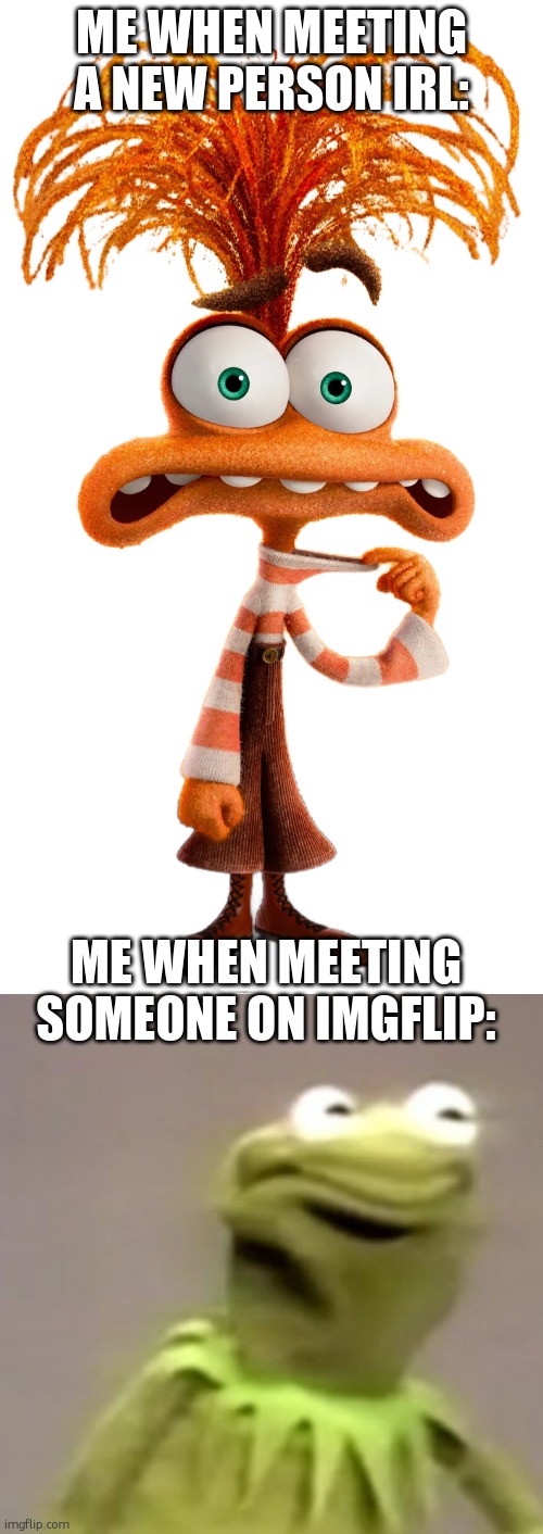 my tru personality is on imgflip | ME WHEN MEETING A NEW PERSON IRL:; ME WHEN MEETING SOMEONE ON IMGFLIP: | image tagged in anxiety,kermit weird face,in real life,vs,imgflip | made w/ Imgflip meme maker