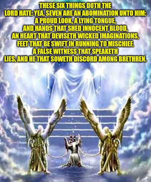 JUDGEMENT DAY | THESE SIX THINGS DOTH THE LORD HATE: YEA, SEVEN ARE AN ABOMINATION UNTO HIM:
A PROUD LOOK, A LYING TONGUE, AND HANDS THAT SHED INNOCENT BLOOD,
AN HEART THAT DEVISETH WICKED IMAGINATIONS, FEET THAT BE SWIFT IN RUNNING TO MISCHIEF,
A FALSE WITNESS THAT SPEAKETH LIES, AND HE THAT SOWETH DISCORD AMONG BRETHREN. | image tagged in judgement day | made w/ Imgflip meme maker