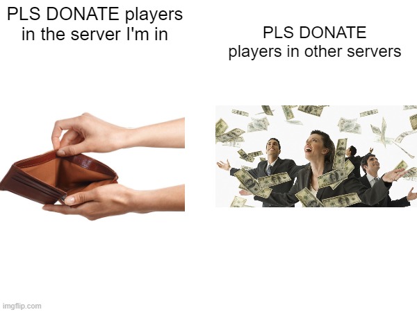 PLS DONATE problems | PLS DONATE players in the server I'm in; PLS DONATE players in other servers | image tagged in roblox,memes | made w/ Imgflip meme maker