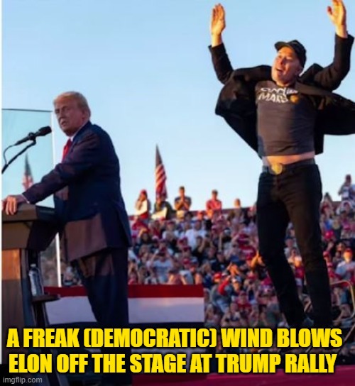 BECAUSE THE EVIL DEMOCRATS CONTROL THE WEATHER! | A FREAK (DEMOCRATIC) WIND BLOWS ELON OFF THE STAGE AT TRUMP RALLY | image tagged in donald trump memes,donald trump the clown,donald trump is an idiot,political humor | made w/ Imgflip meme maker