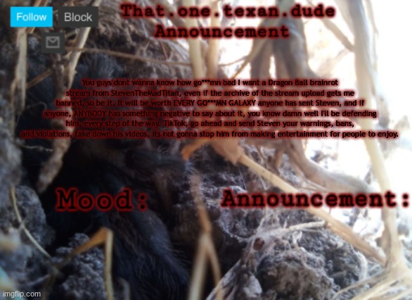 THE that.one.texan.dude announcement template | You guys dont wanna know how go***mn bad I want a Dragon Ball brainrot stream from StevenTheMadTitan, even if the archive of the stream upload gets me banned, so be it. It will be worth EVERY GO***MN GALAXY anyone has sent Steven, and if anyone, ANYBODY has something negative to say about it, you know damn well I'll be defending him, every step of the way. TikTok, go ahead and send Steven your warnings, bans, and violations, take down his videos, its not gonna stop him from making entertainment for people to enjoy. | image tagged in the that one texan dude announcement template | made w/ Imgflip meme maker