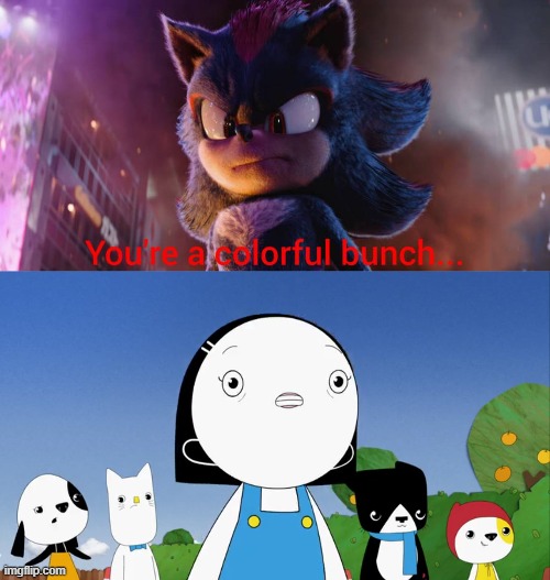 Olive (Kinderwood) shocks when she meet Shadow the Hedgehog (credit to THEJURASSICWONDER for template used) | image tagged in kinderwood,meme,you're a colorful bunch,sonic the hedgehog,sonic movie,shocked | made w/ Imgflip meme maker