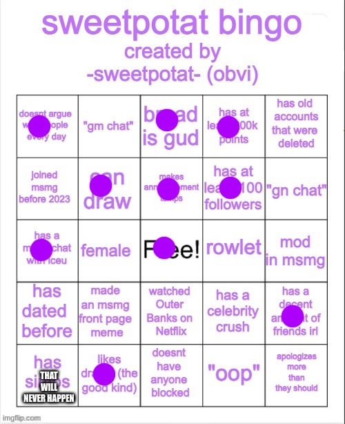 sweetpotat bingo! | THAT WILL NEVER HAPPEN | image tagged in sweetpotat bingo | made w/ Imgflip meme maker