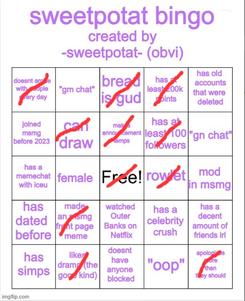 sweetpotat bingo! | image tagged in sweetpotat bingo | made w/ Imgflip meme maker