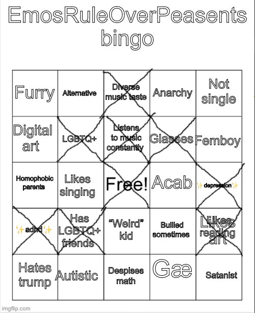 I actually hate this person now after seeing their bingo | image tagged in emosruleoverpeasents bingo 2 | made w/ Imgflip meme maker