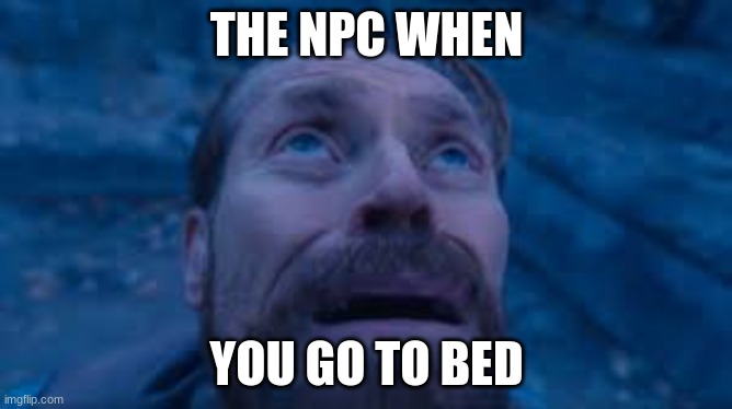 Npc sleep | THE NPC WHEN; YOU GO TO BED | image tagged in willen dafoe looking up image | made w/ Imgflip meme maker