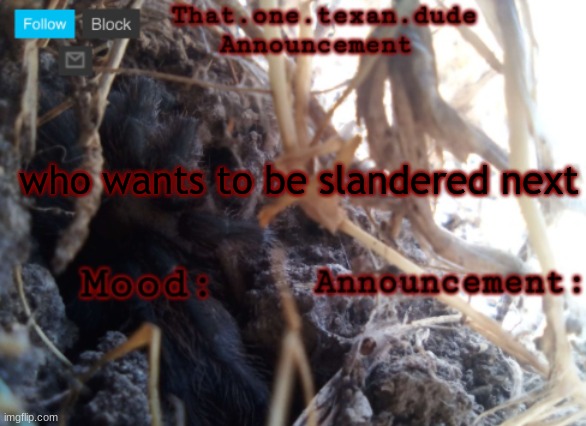 THE that.one.texan.dude announcement template | who wants to be slandered next | image tagged in the that one texan dude announcement template | made w/ Imgflip meme maker