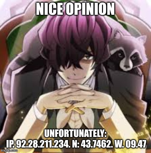 NICE OPINION UNFORTUNATELY:
 IP. 92.28.211.234. N: 43.7462. W. 09.47 | made w/ Imgflip meme maker