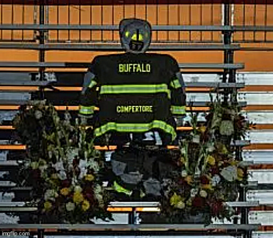 Trump Prop | image tagged in corey compertore,fireman scarecrow,cheesy menorial,maga menorial sucker and loser,plastic rented flowers,mia at funeral | made w/ Imgflip meme maker
